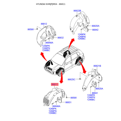 Обшивка (підкрилок), колісна ніша ліва 86811-2E010 Mobis - 868112E010 - схема з каталогу 86811, KHMJPJM04 868112E010