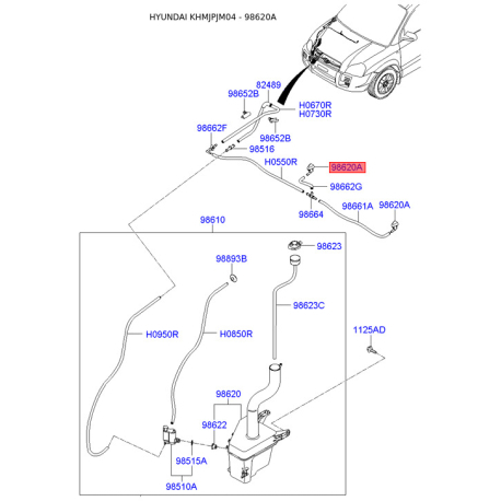 Форсунка (распылитель) омывателя ветрового стекла 98630-2E500 Mobis - 986302E500 - схема с каталога 98620A, KHMJPJM04 986302E500