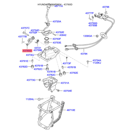 Штифт (палець) важеля куліси АКПП 43760-2E000 Mobis - 437602E000 - схема з каталогу 43760D, KHMAPJM04 437602E000