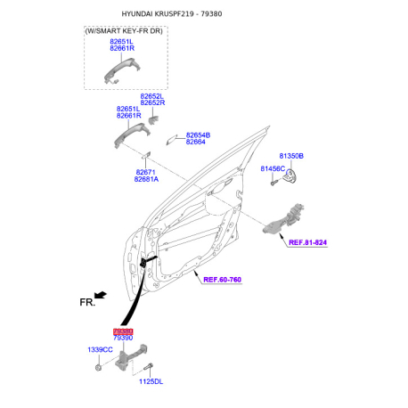 Петля бічних дверей ліва 79380-F2000 Mobis - 79380F2000 - схема з каталогу 79380, KRUSPF219 79380F2000
