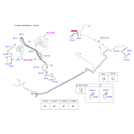 Шланг тормозной правый 58738-3X300 Mobis - 587383X300 - схема с каталога 58738E, AEURPSDA14 587383X300
