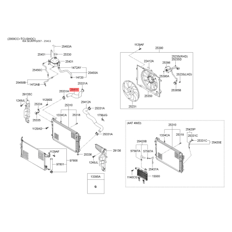 Шланг радіатора верхній 25411-2E101 Mobis - 254112E101 - схема з каталогу 25411, SEURPFQZ07 254112E101