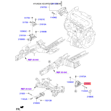 Подушка двигуна 21830-D3100 Mobis - 21830D3100 - схема з каталогу 21830, KEURPD318 21830D3100