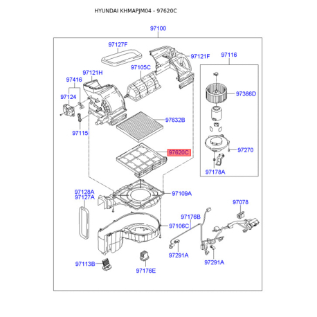 Крышка (корпус или кронштейн) отопителя 97129-2E250 Mobis - 971292E250 - схема с каталога 97620C, KHMAPJM04 971292E250