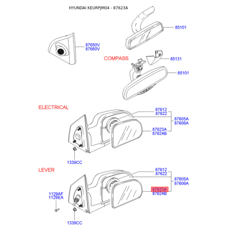 Дзеркальний елемент зовнішнього дзеркала задній лівий 87611-2E220 Mobis - 876112E220 - схема з каталогу 87623A, KEURPJM04 876112E220