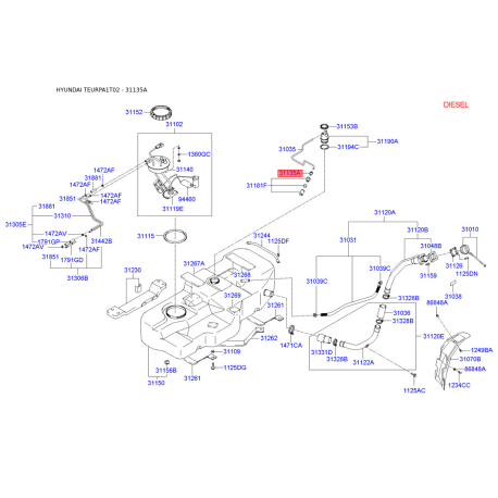 Кронштейн, топливопровод 31135-22100 Mobis - 3113522100 - схема с каталога 31135A, TEURPA1T02 3113522100