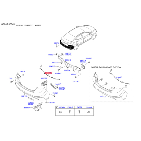Проводка (жгут, коса) бампера 91880-3X042 Mobis - 918803X042 - схема с каталога 91880E, KEURPSD11 918803X042