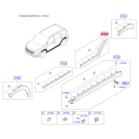 Обшивка порога права 87732-D7000 Mobis - 87732D7000 - схема з каталогу 87732X, HEURPD718 87732D7000