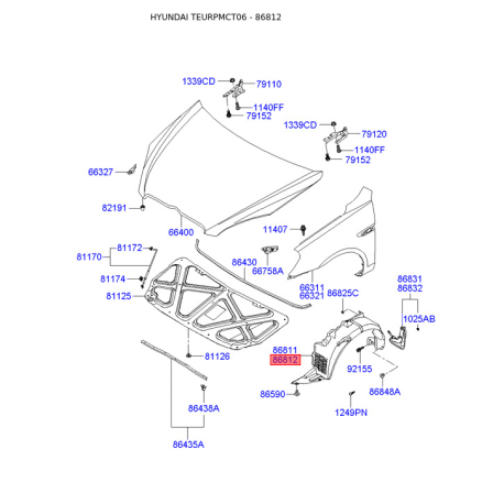 Обшивка (подкрылок), колесная ниша правая 86812-1E000 Mobis - 868121E000 - схема с каталога 86812, TEURPMCT06 868121E000