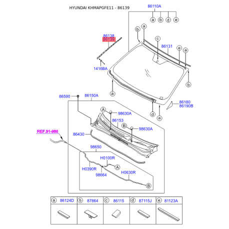 Молдинг (ущільнювач) лобового скла правий 86139-3S000 Mobis - 861393S000 - схема з каталогу 86139, KHMAPGFE11 861393S000
