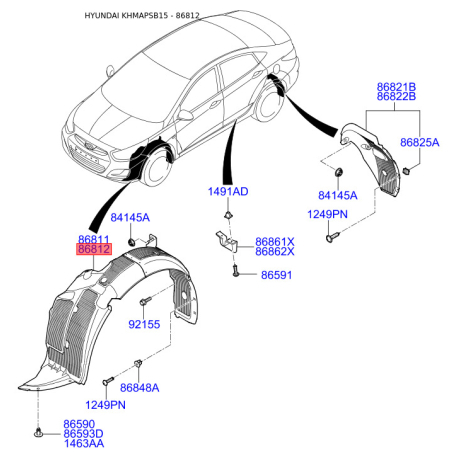 Обшивка (підкрилок), колісна ніша права 86812-1R010 Mobis - 868121R010 - схема з каталогу 86812, KHMAPSB15 868121R010