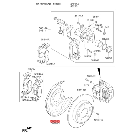 Захист (пильник, щит) поворотного кулака лівий 58390-3X000 Mobis - 583903X000 - схема з каталогу 58390B, KKMAPA716 583903X000