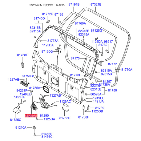 Замок крышки багажника 81230-2E010 Mobis - 812302E010 - схема с каталога 81230A, KHMJPJM04 812302E010