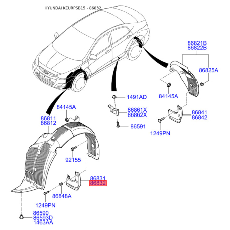 Брызговик передний правый 86832-1R000 Mobis - 868321R000 - схема с каталога 86832, KEURPSB15 868321R000