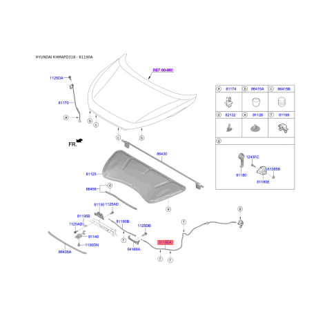 Тросик замку капота 81190-D3900 Mobis - 81190D3900 - схема з каталогу 81190A, KHMAPD318 81190D3900