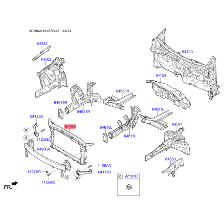 Облицовка передка (передняя панель, морда) 64101-F2000 Mobis - 64101F2000 - схема с каталога 64101, KRUSPF216 64101F2000