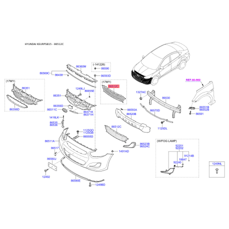 Решетка радиатора 86561-1R000 Mobis - 865611R000 - схема с каталога 86512C, KEURPSB15 865611R000