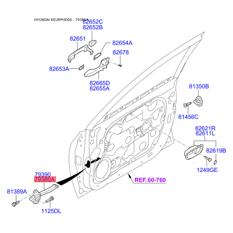 Фіксатор дверей лівий 79380-2H000 Mobis - 793802H000 - схема з каталогу 79380A, KEURPHD06 793802H000