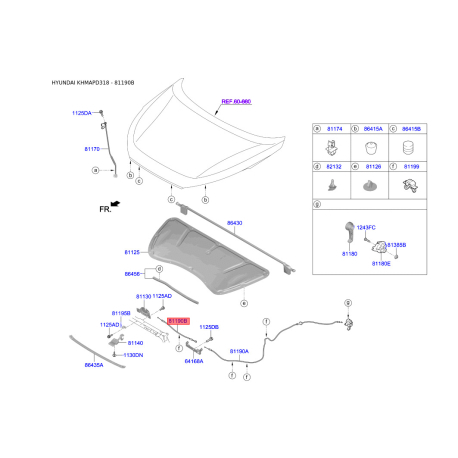 Тросик замку капота 81190-D3100 Mobis - 81190D3100 - схема з каталогу 81190B, KHMAPD318 81190D3100