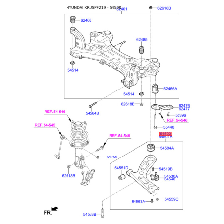 Рычаг подвески колеса левый нижний 54500-F2000 Mobis - 54500F2000 - схема с каталога 54500, KRUSPF219 54500F2000