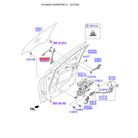 Направляющая стекла двери левая нижняя 82550-2S000 Mobis - 825502S000 - схема с каталога 82550D, KHMAPTMF12 825502S000