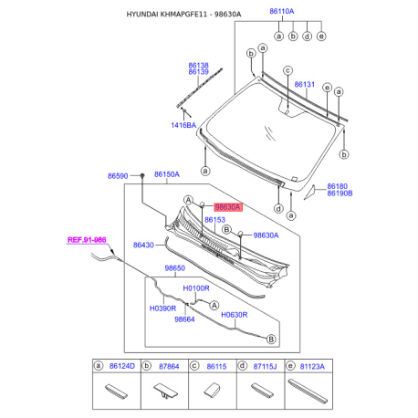 Форсунка (распылитель) омывателя ветрового стекла 98630-3S000 Mobis - 986303S000 - схема с каталога 98630A, KHMAPGFE11 986303S000