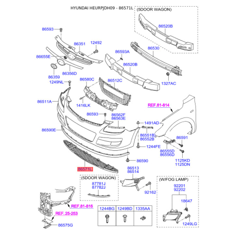 Підсилювач бампера нижній 86571-2R500 Mobis - 865712R500 - схема з каталогу 86571L, HEURPJDH09 865712R500