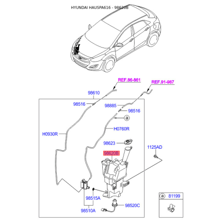 Бачок омивача 98620-A6010 Mobis - 98620A6010 - схема з каталогу 98620B, HAUSPA616 98620A6010