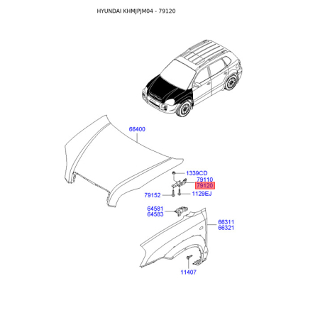 Петля капота права 79120-2E000 Mobis - 791202E000 - схема з каталогу 79120, KHMJPJM04 791202E000
