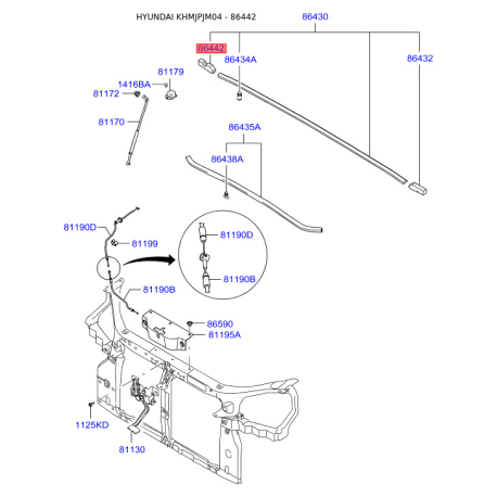 Пистон (клипса) шумоизоляции капота капота правый 86442-2E000 Mobis - 864422E000 - схема с каталога 86442, KHMJPJM04 864422E000