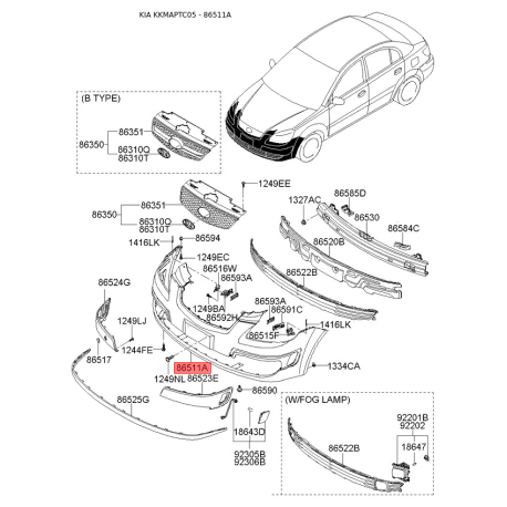 Бампер 86511-1G600 Mobis - 865111G600 - схема с каталога 86511A, KKMAPTC05 865111G600