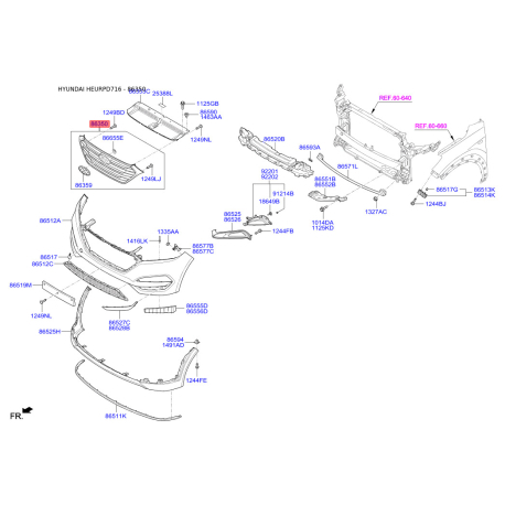 Решетка радиатора 86350-D7000 Mobis - 86350D7000 - схема с каталога 86350, HEURPD716 86350D7000