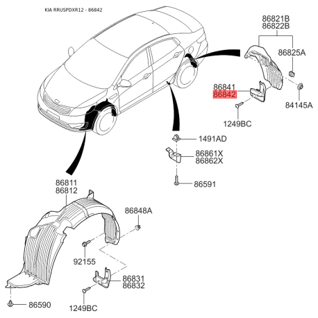 Брызговик задний правый 86842-4Y000 Mobis - 868424Y000 - схема с каталога 86842, RRUSPDXR12 868424Y000