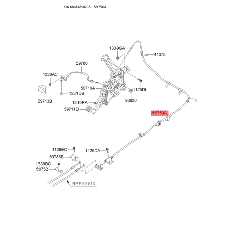 Трос стояночной тормозной системы 59750-1D000 Mobis - 597501D000 - схема с каталога 59750A, KKMAPUN06 597501D000