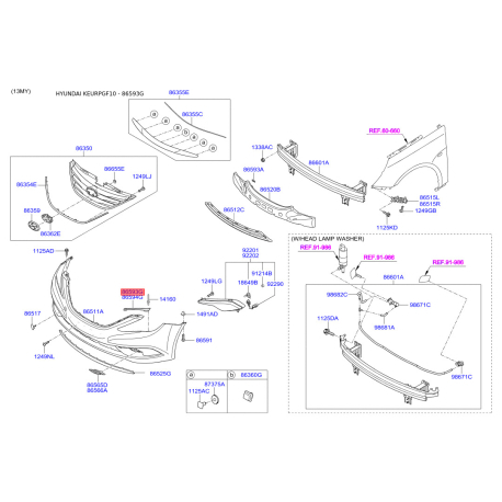 Кронштейн, буфер левый верхний 86555-3S000 Mobis - 865553S000 - схема с каталога 86593G, KEURPGF10 865553S000