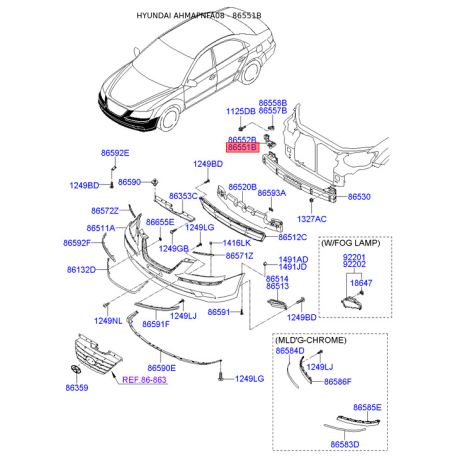 Кронштейн, буфер лівий верхній 86551-3K000 Mobis - 865513K000 - схема з каталогу 86551B, AHMAPNFA08 865513K000