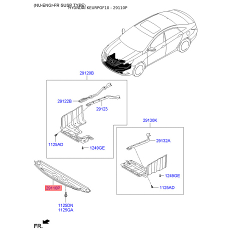 Захист двигуна / піддон двигуна передній 29110-3Q000 Mobis - 291103Q000 - схема з каталогу 29110P, KEURPGF10 291103Q000