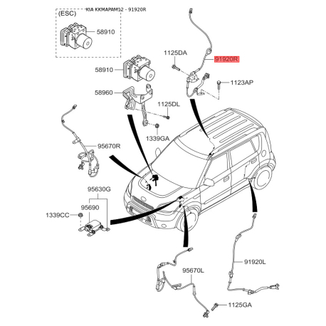 Датчик частоти обертання колеса (ABS) правий 91920-2K100 Mobis - 919202K100 - схема з каталогу 91920R, KKMAPAM12 919202K100