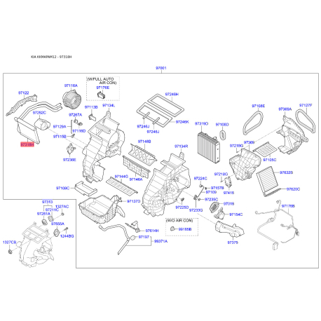 Радиатор печки 97138-2K000 Mobis - 971382K000 - схема с каталога 97318H, KKMAPAM12 971382K000
