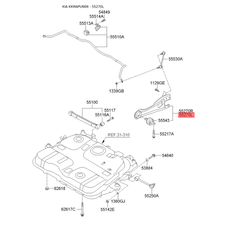 Тяга задньої підвіски поздовжня ліва 55270-1D000 Mobis - 552701D000 - схема з каталогу 55270L, KKMAPUN06 552701D000