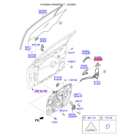 Засувка ручки дверей права 82496-C1000 Mobis - 82496C1000 - схема з каталогу 82496R, KHMAPE617 82496C1000