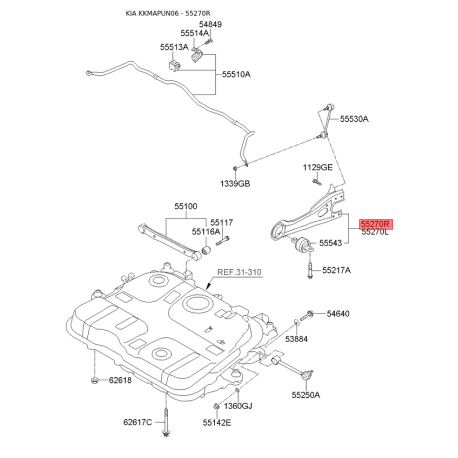 Тяга задньої підвіски поздовжня права 55280-1D000 Mobis - 552801D000 - схема з каталогу 55270R, KKMAPUN06 552801D000