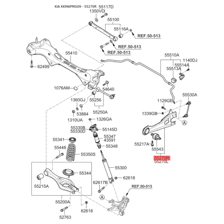 Тяга задньої підвіски поздовжня права 55280-2G000 Mobis - 552802G000 - схема з каталогу 55270R, KKMAPMG09 552802G000