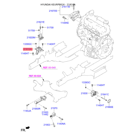 Подушка двигателя 21810-2W200 Mobis - 218102W200 - схема с каталога 21810A, KEURPB816 218102W200