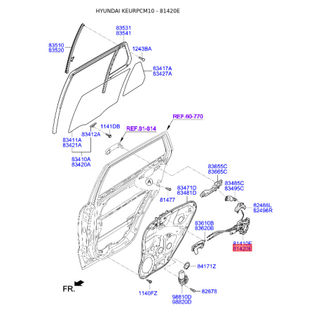 Замок дверей правий 81420-2B000 Mobis - 814202B000 - схема з каталогу 81420E, KEURPCM10 814202B000