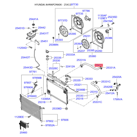 Шланг радиатора верхний 25411-2B100 Mobis - 254112B100 - схема с каталога 25411, AHMAPCMA06 254112B100