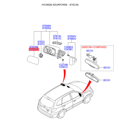 Зеркальный элемент наружного зеркала задний левый 87611-2B130 Mobis - 876112B130 - схема с каталога 87623A, KEURPCM06 876112B130