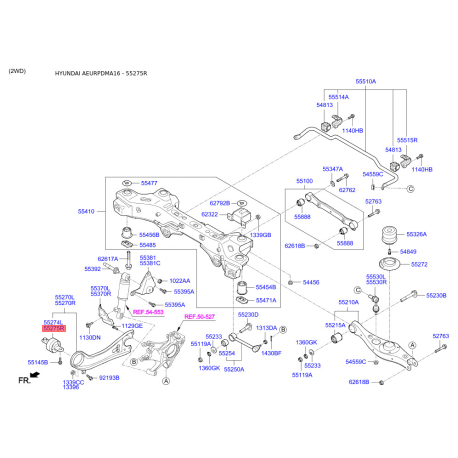 Сайлентблок заднего продольного рычага правый 55275-2W600 Mobis - 552752W600 - схема с каталога 55275R, AEURPDMA16 552752W600