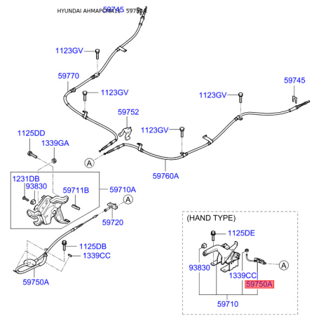 Трос стояночной тормозной системы 59750-2B000 Mobis - 597502B000 - схема с каталога 59750A, AHMAPCMA11 597502B000