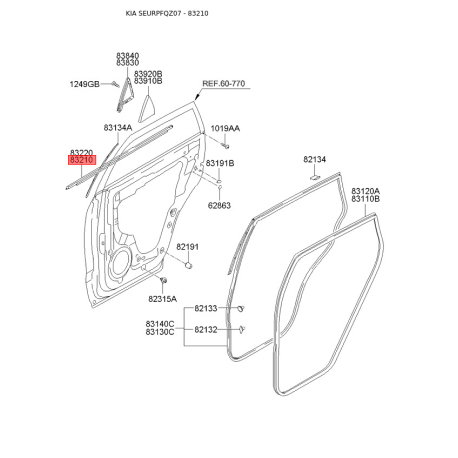 Уплотнитель (прокладка), боковое стекло левый 83210-1F000WK Mobis - 832101F000WK - схема с каталога 83210, SEURPFQZ07 832101F000WK